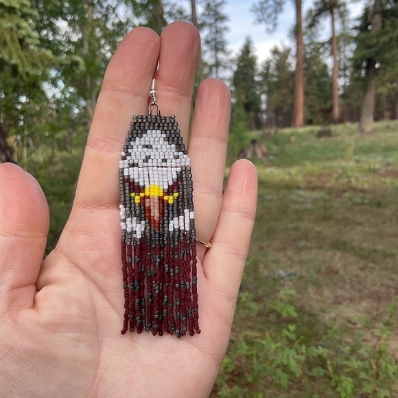 Eagle Beaded Earrings with Fringe, New, Handmade by Me - Picture 6 of 7